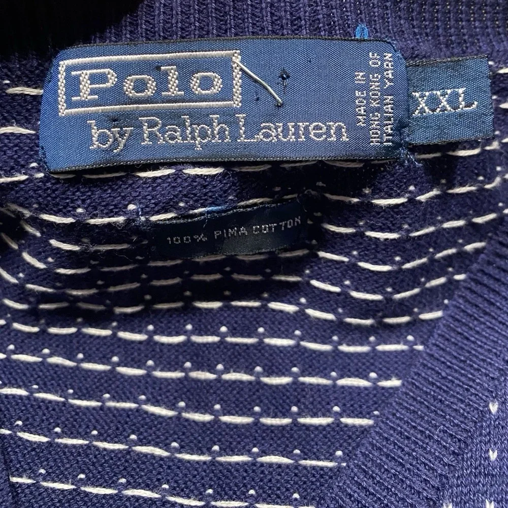 VTG 90's Polo Ralph Lauren Sweater XXL Blue White Dot Pattern V-Neck 100% Cotton
